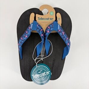Tidewater Sandals Flip Flops Boardwalk Pink Flamingo Palm Tree Navy Blue Women 8